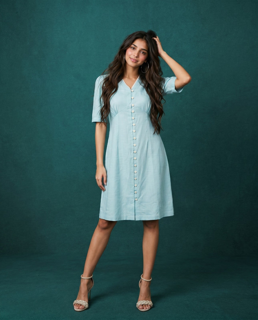 Sky Blue Solid Viscose Blended Midi Dress