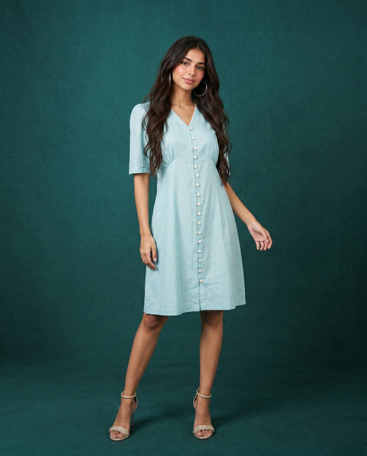Sky Blue Solid Viscose Blended Midi Dress