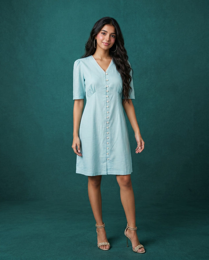 Sky Blue Solid Viscose Blended Midi Dress
