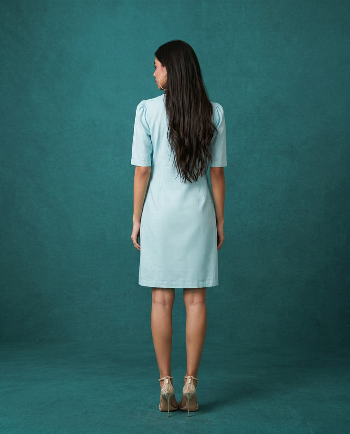Sky Blue Solid Viscose Blended Midi Dress