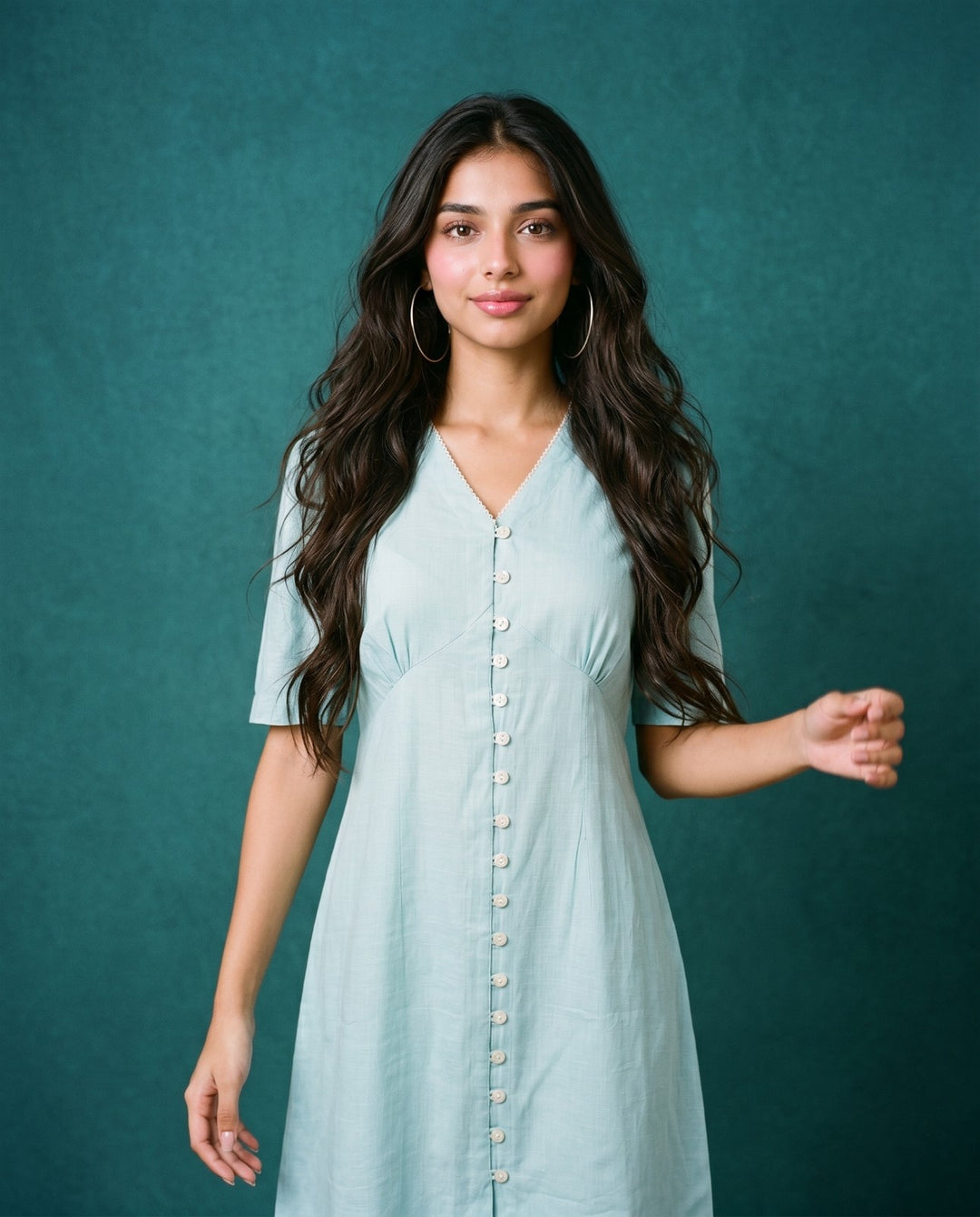 Sky Blue Solid Viscose Blended Midi Dress