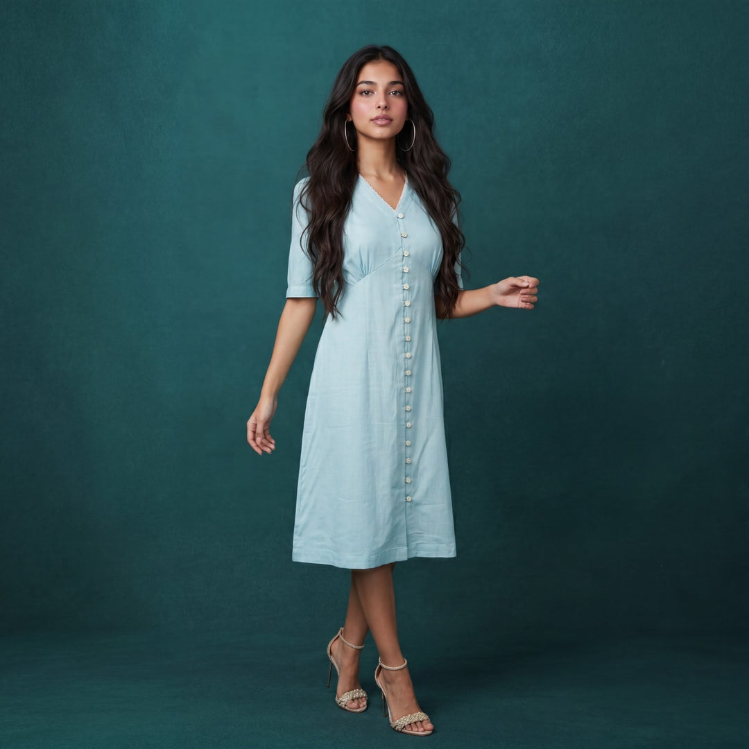 Sky Blue Solid Viscose Blended Midi Dress