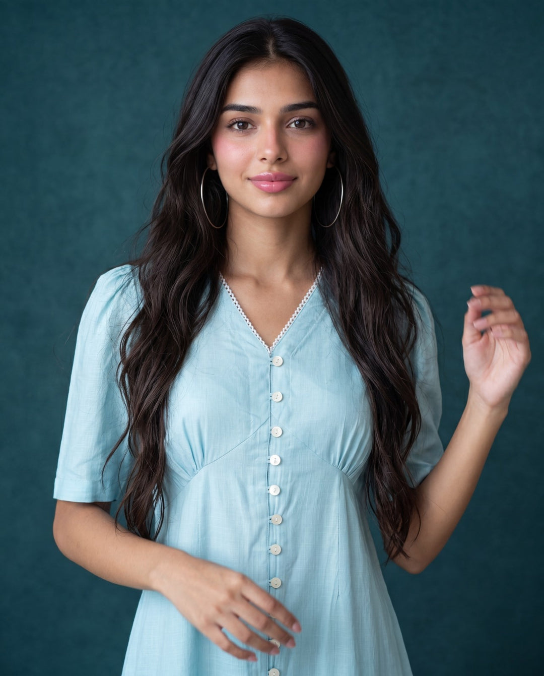 Sky Blue Solid Viscose Blended Midi Dress