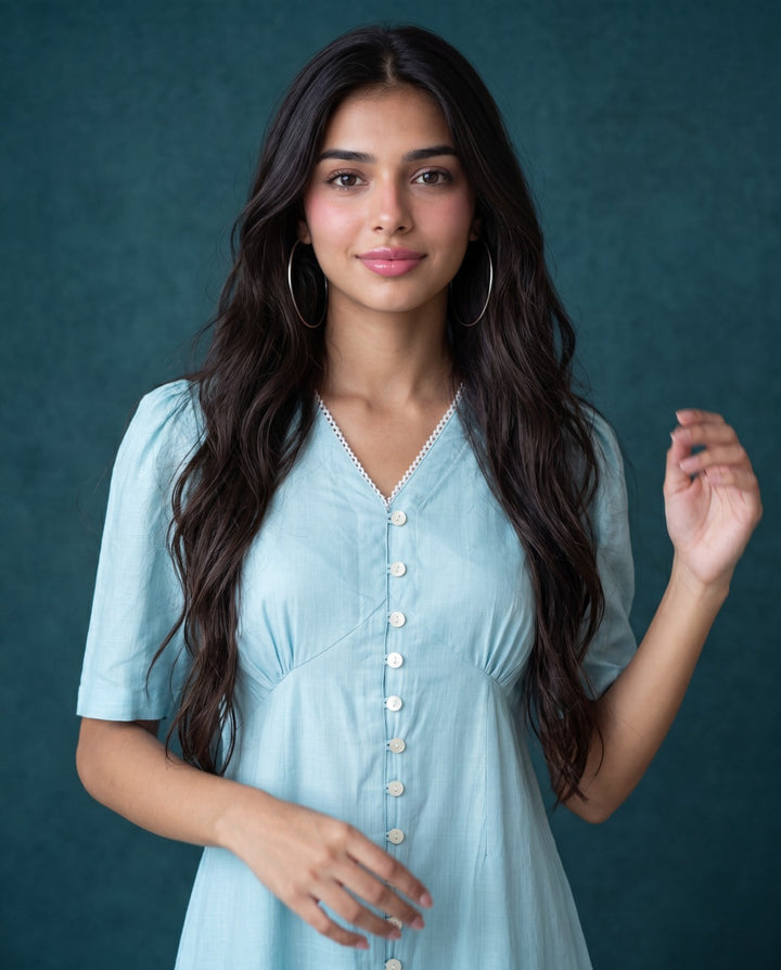 Sky Blue Solid Viscose Blended Midi Dress