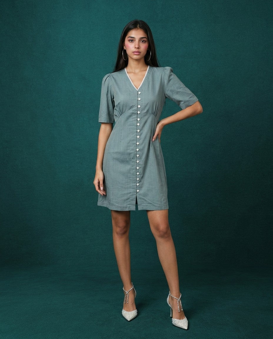 Grey Solid Viscose Blended Midi Dress