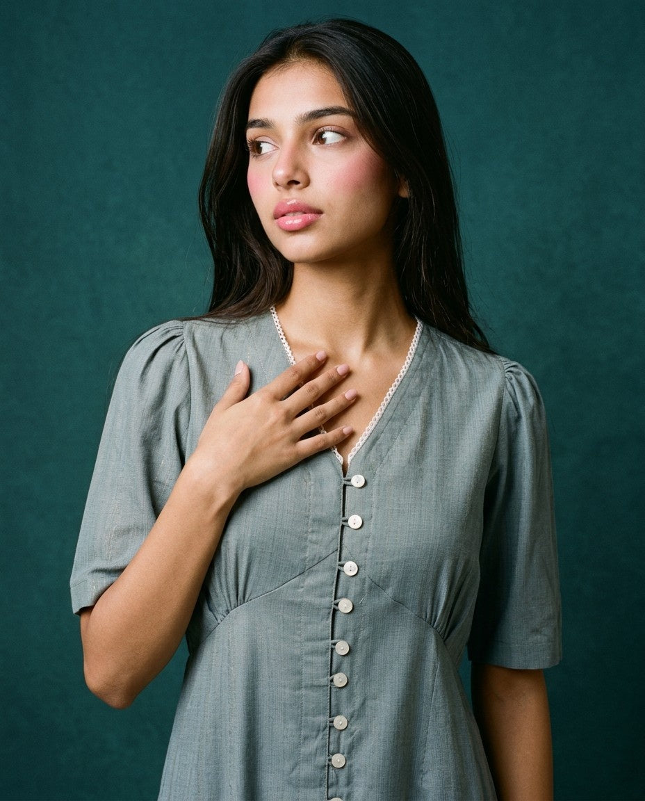 Grey Solid Viscose Blended Midi Dress