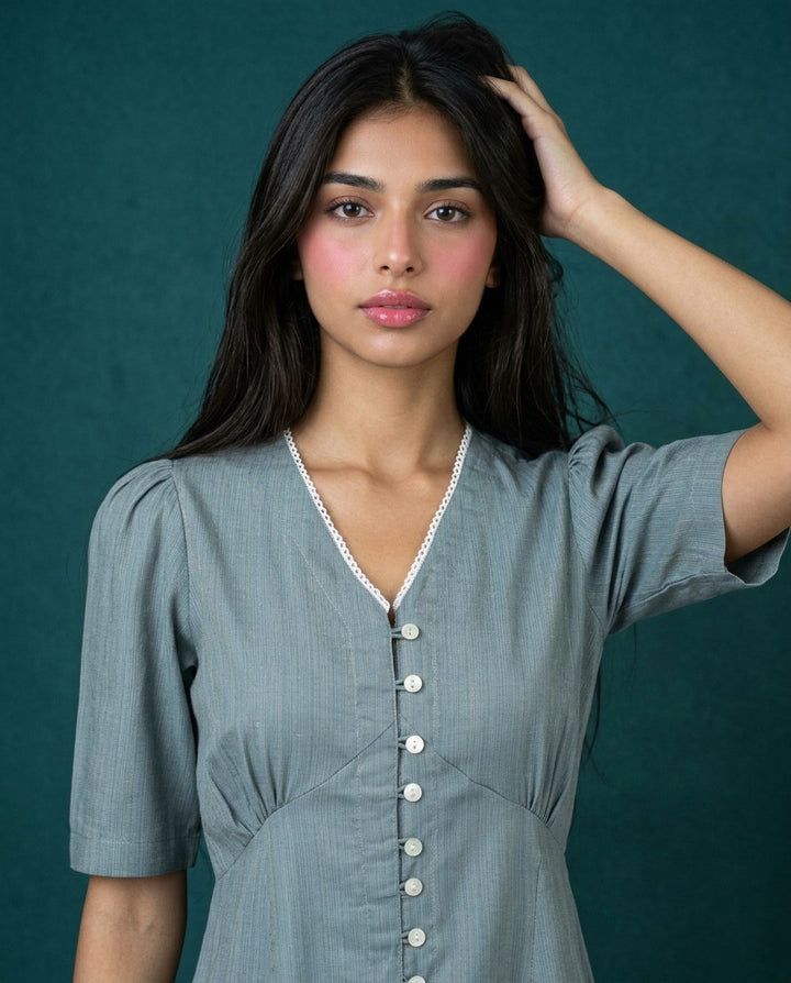 Grey Solid Viscose Blended Midi Dress