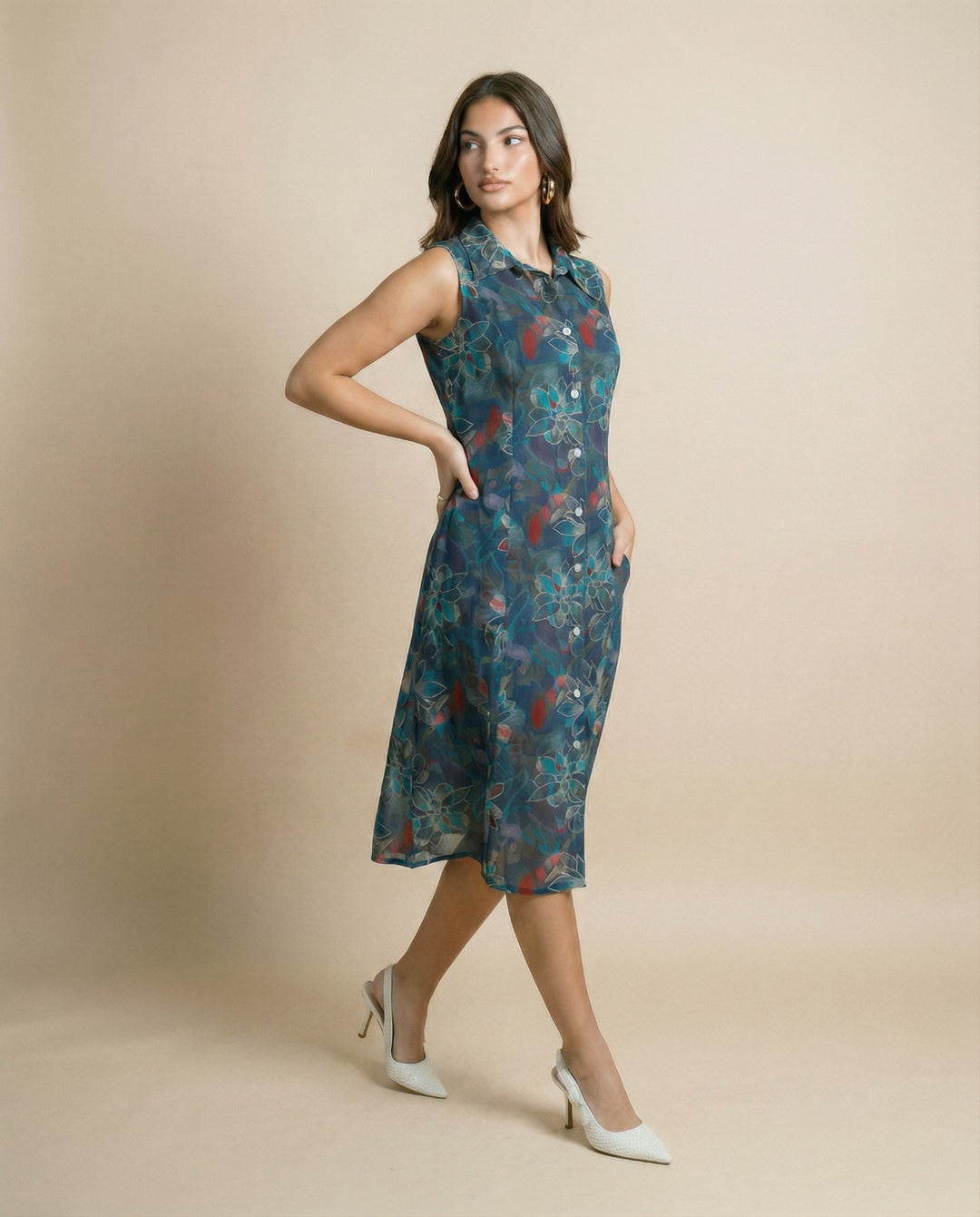 Navy Printed Viscose Blended Midi Dress