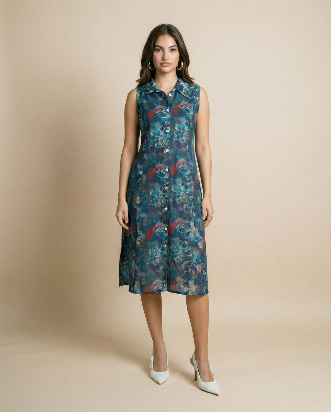 Navy Printed Viscose Blended Midi Dress