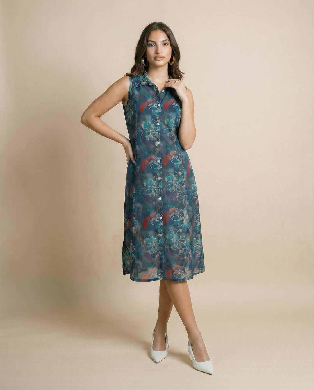 Navy Printed Viscose Blended Midi Dress