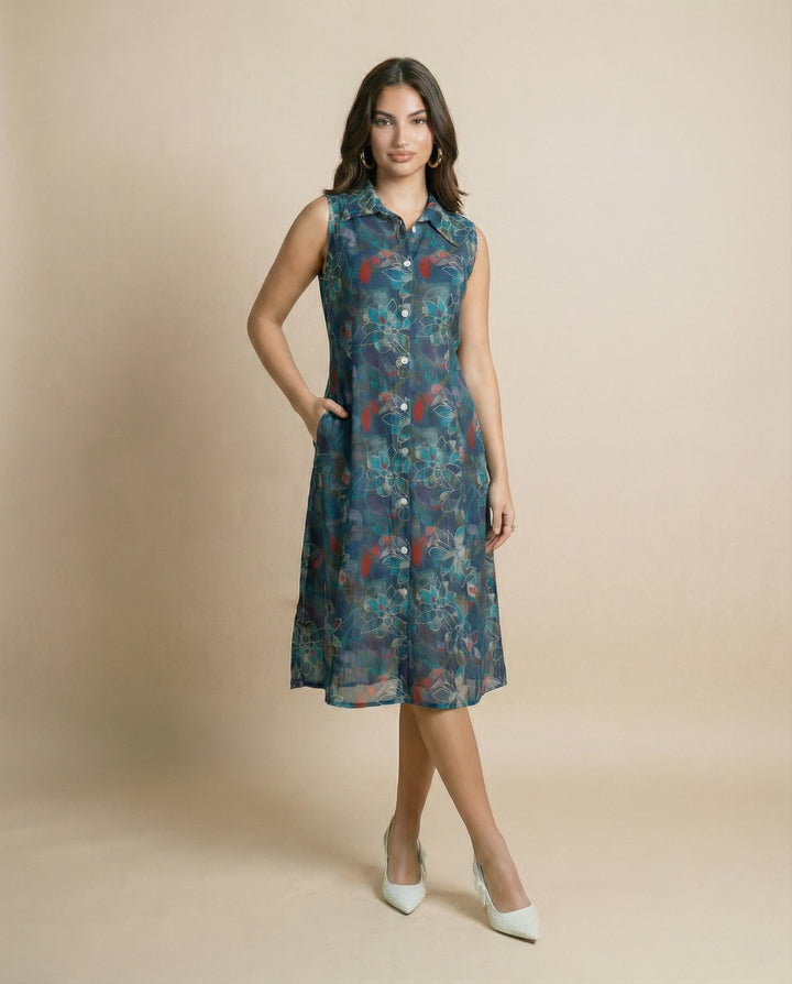 Navy Printed Viscose Blended Midi Dress
