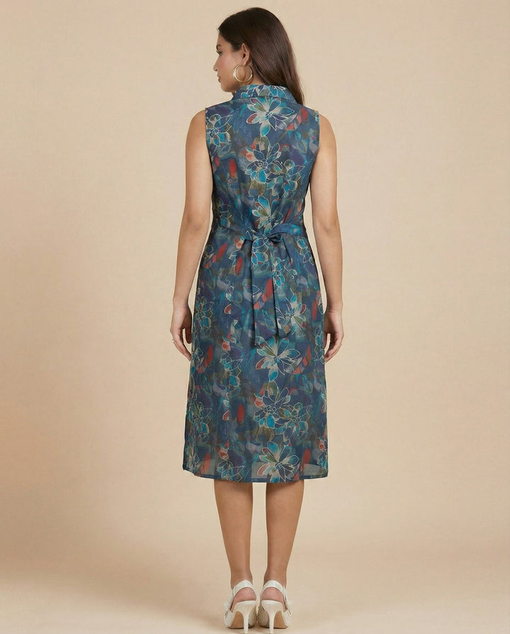 Navy Printed Viscose Blended Midi Dress
