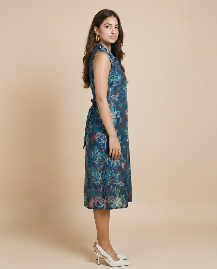 Navy Printed Viscose Blended Midi Dress