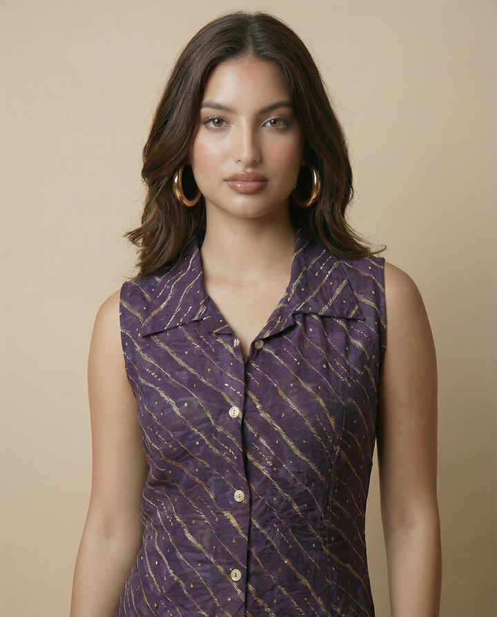 Purple Printed Viscose Blended Midi Dress