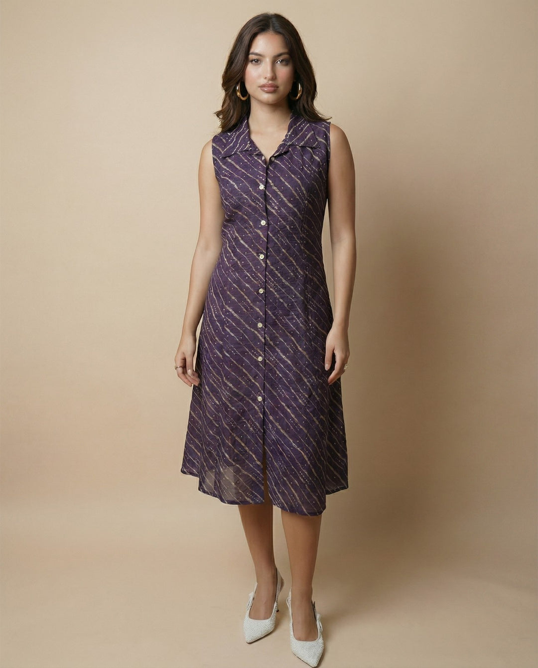 Purple Printed Viscose Blended Midi Dress