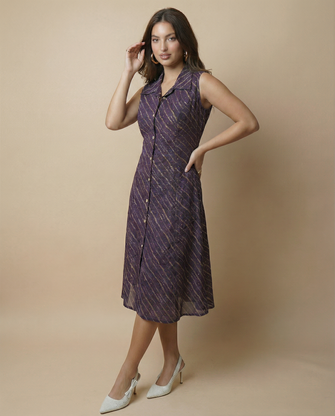 Purple Printed Viscose Blended Midi Dress