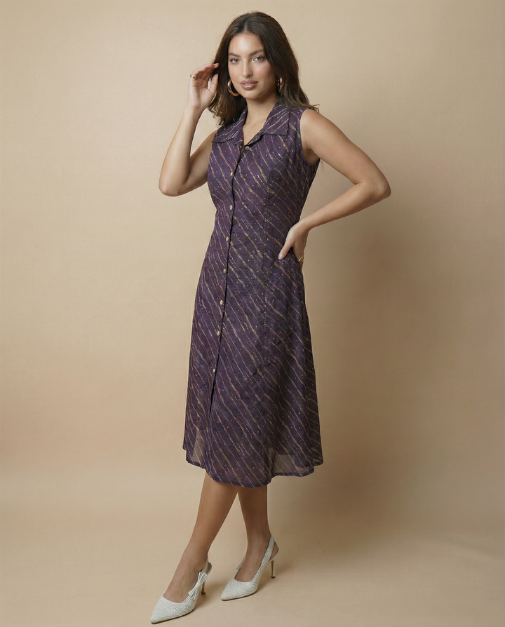Purple Printed Viscose Blended Midi Dress
