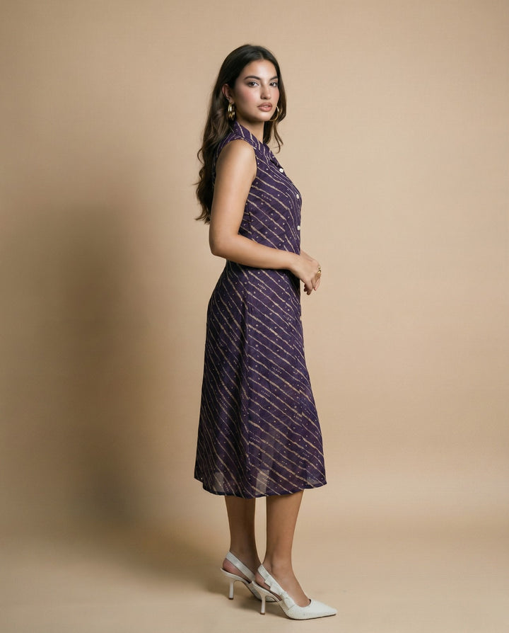 Purple Printed Viscose Blended Midi Dress