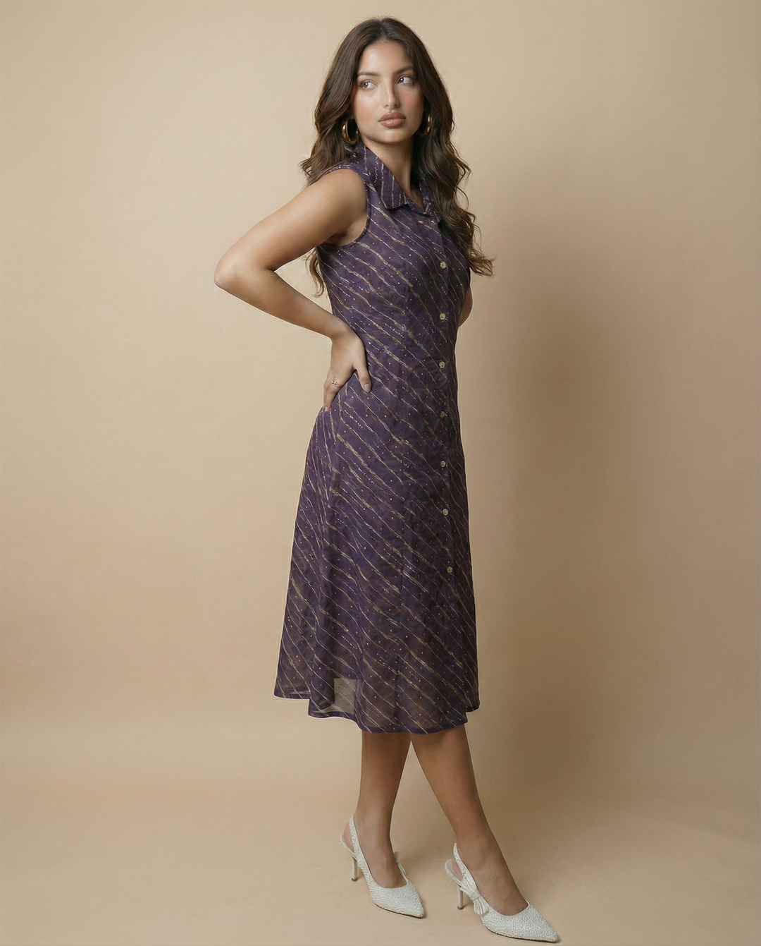Purple Printed Viscose Blended Midi Dress