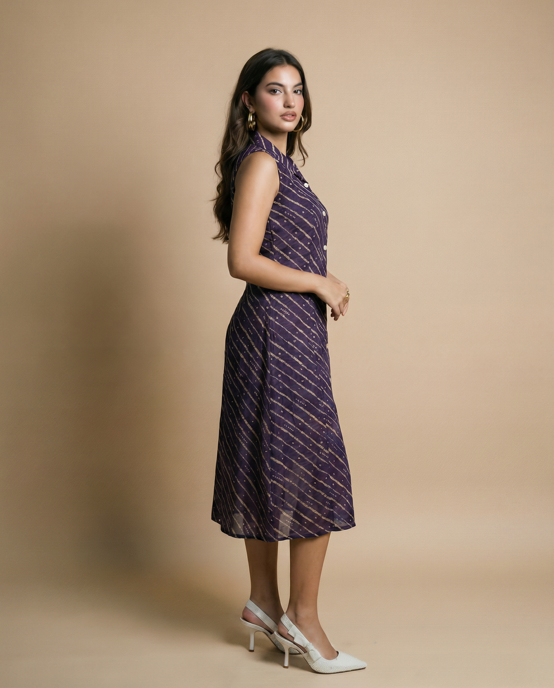 Purple Printed Viscose Blended Midi Dress