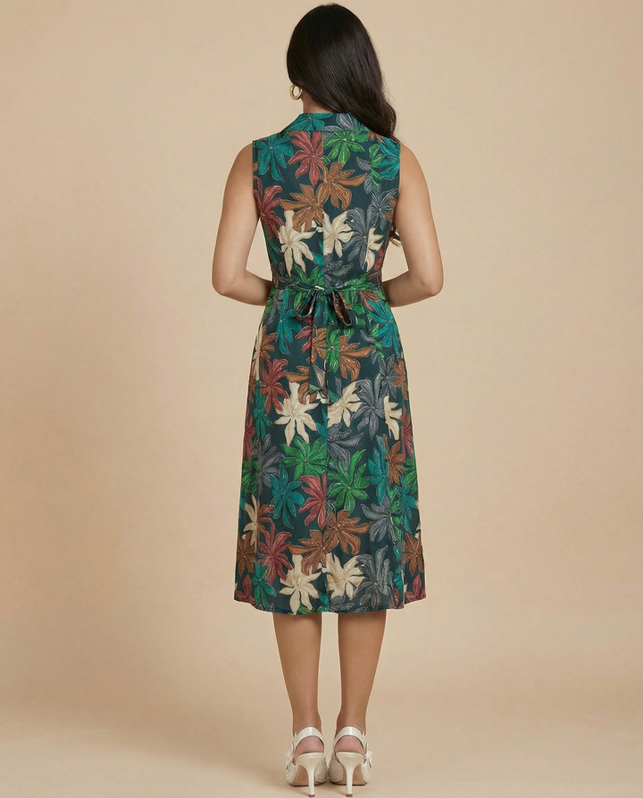 Green Printed Rayon Midi Dress