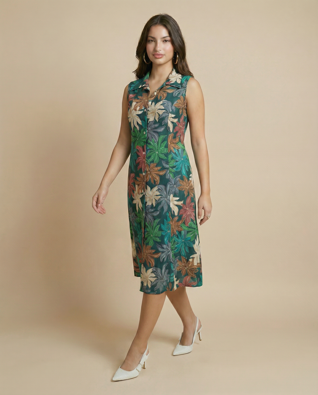 Green Printed Rayon Midi Dress