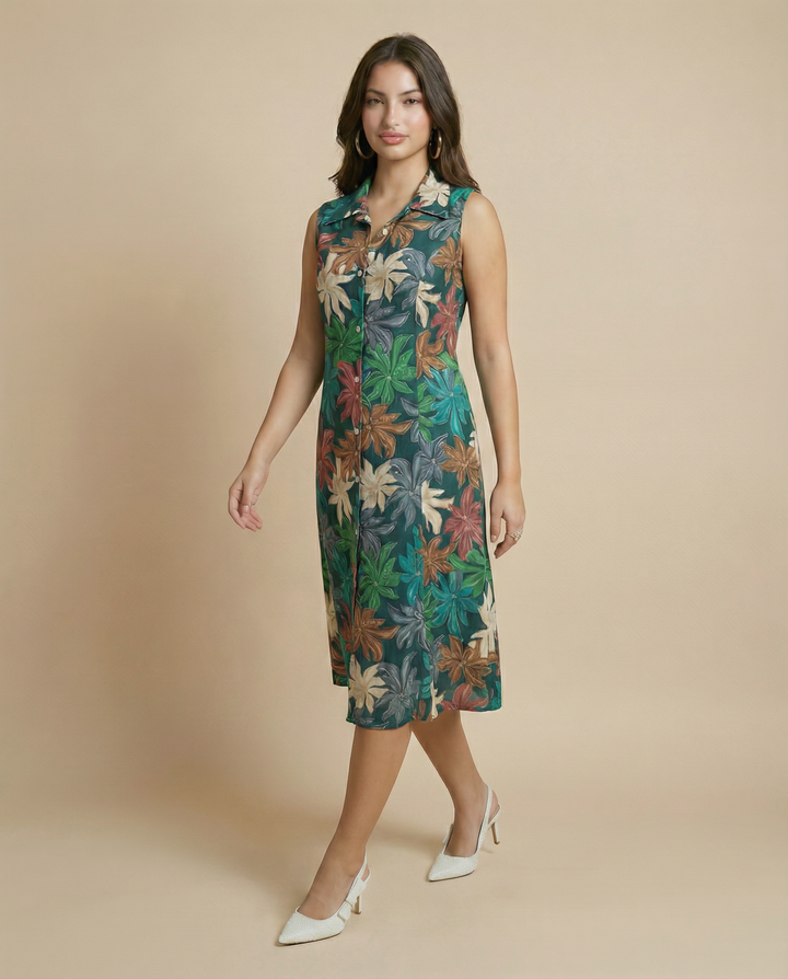 Green Printed Rayon Midi Dress