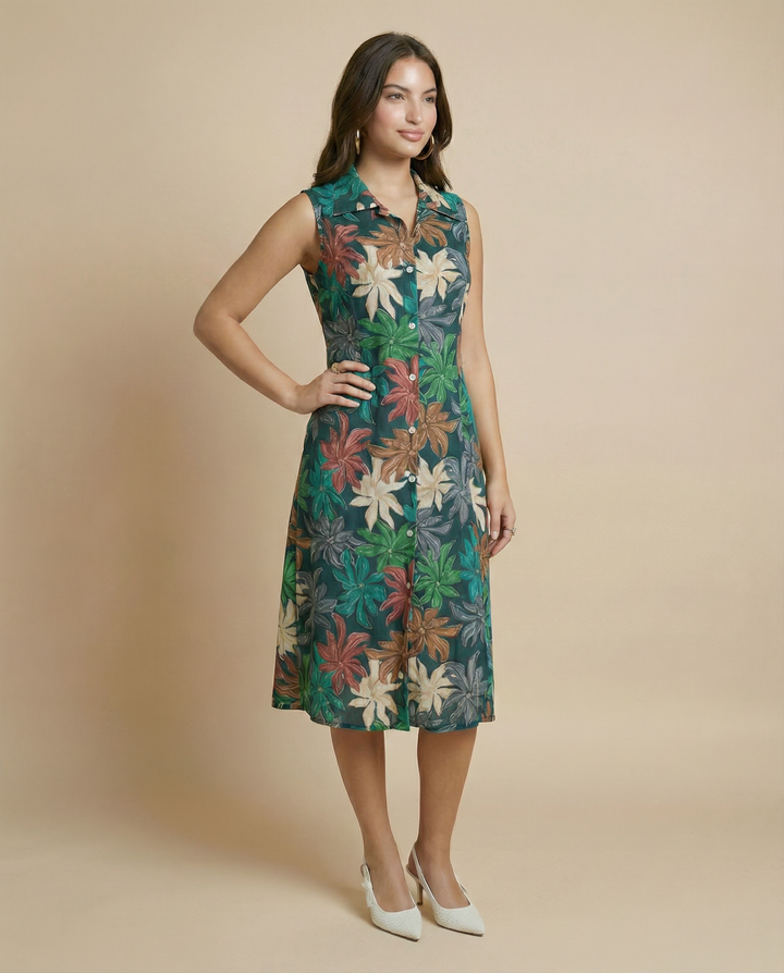 Green Printed Rayon Midi Dress