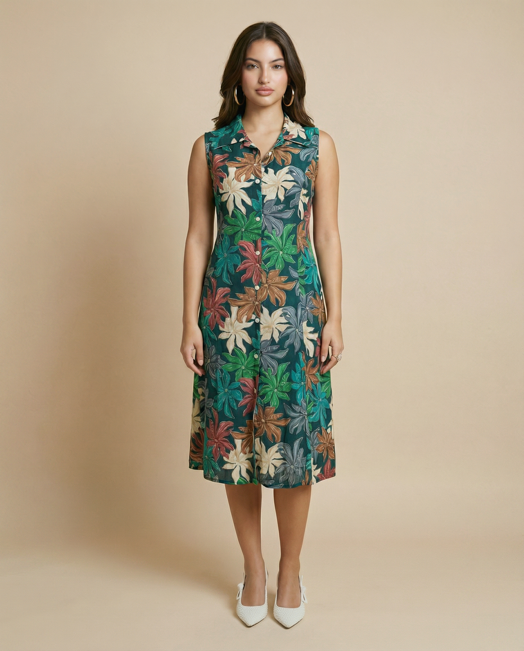 Green Printed Rayon Midi Dress