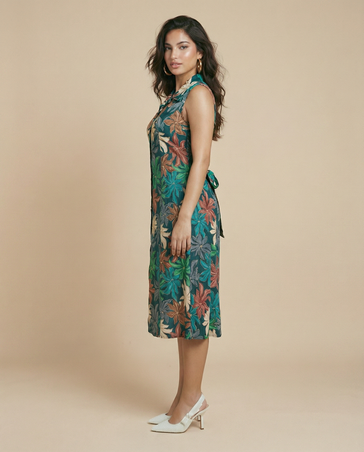 Green Printed Rayon Midi Dress