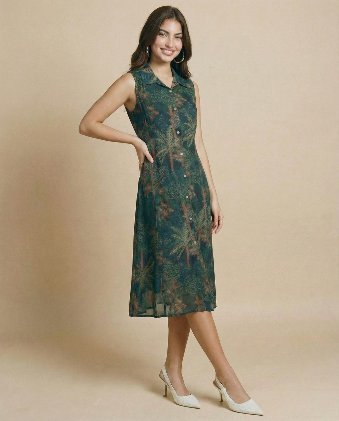 Dark Green Printed Viscose Blended Midi Dress