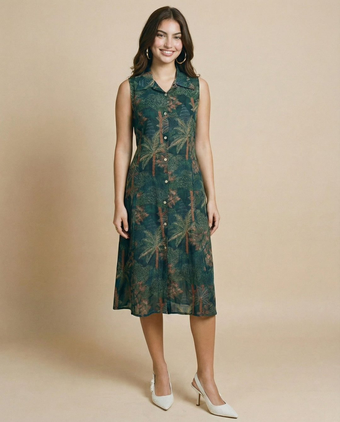 Dark Green Printed Viscose Blended Midi Dress
