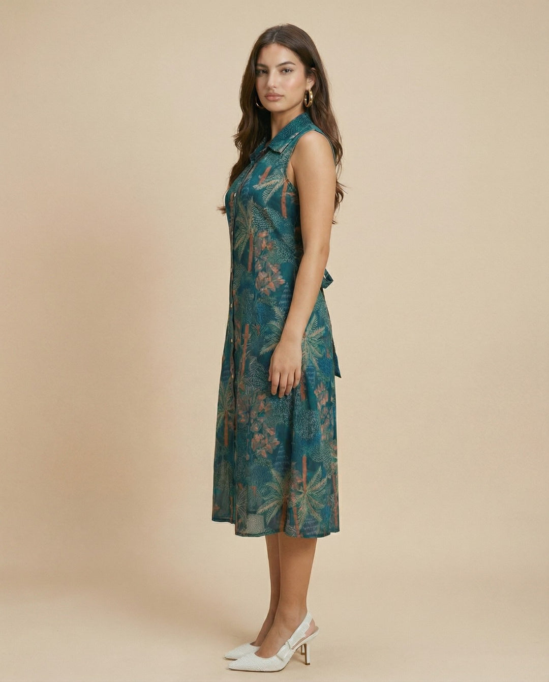 Dark Green Printed Viscose Blended Midi Dress