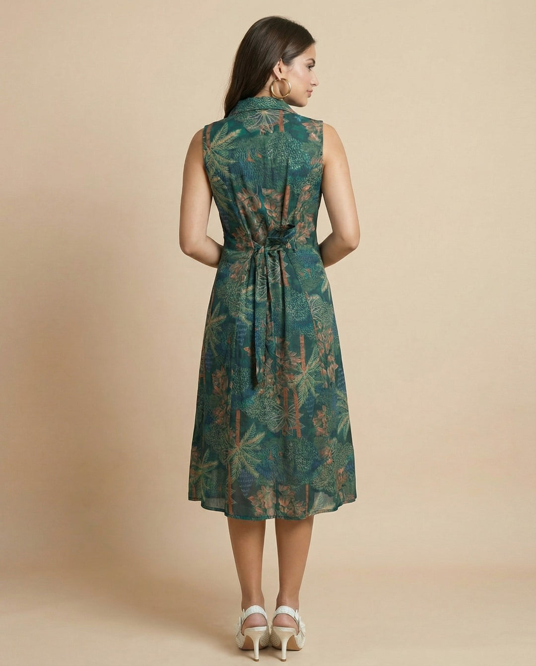 Dark Green Printed Viscose Blended Midi Dress