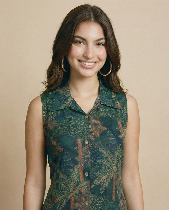 Dark Green Printed Viscose Blended Midi Dress