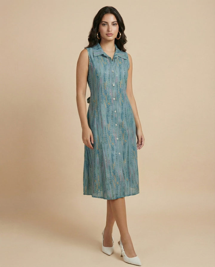Teal Printed Viscose Blended Midi Dress
