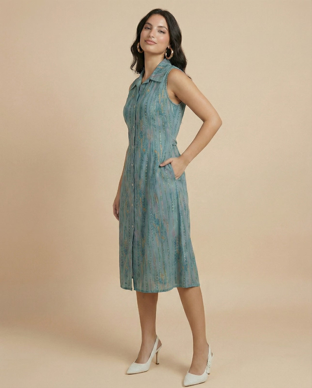 Teal Printed Viscose Blended Midi Dress