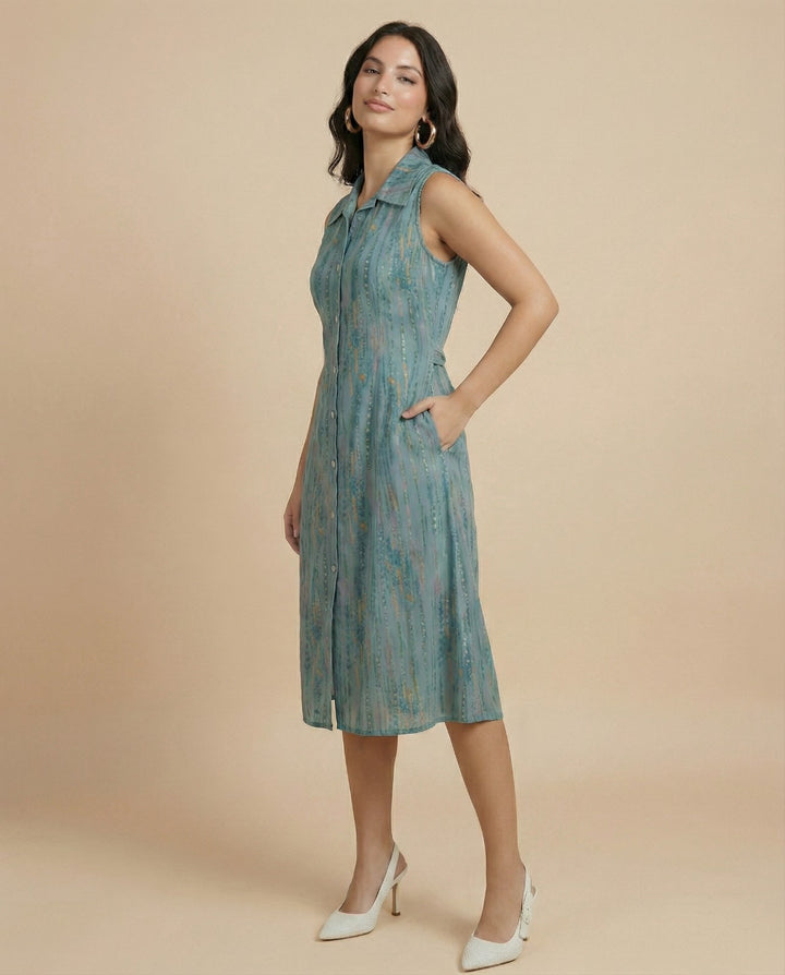 Teal Printed Viscose Blended Midi Dress