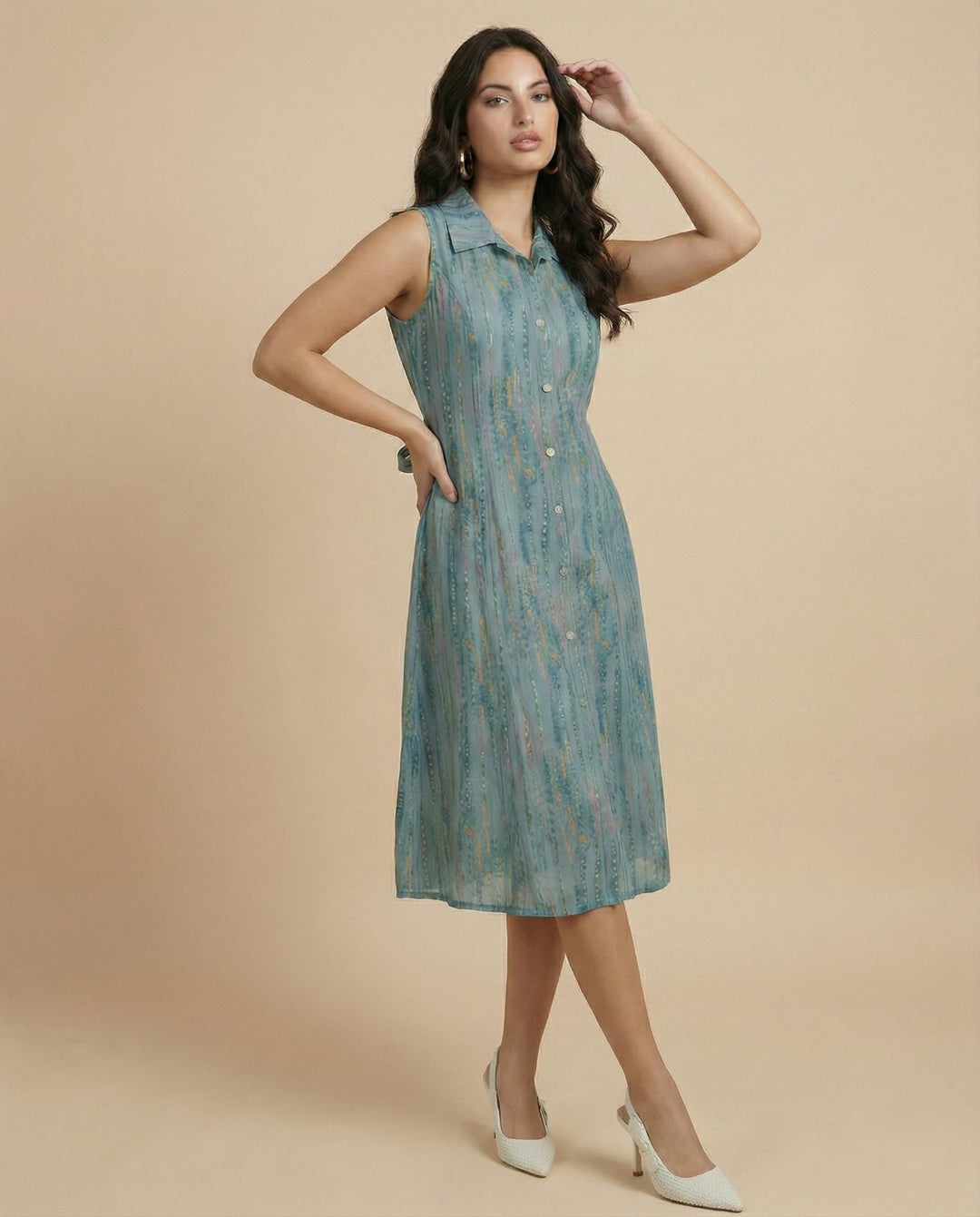 Teal Printed Viscose Blended Midi Dress