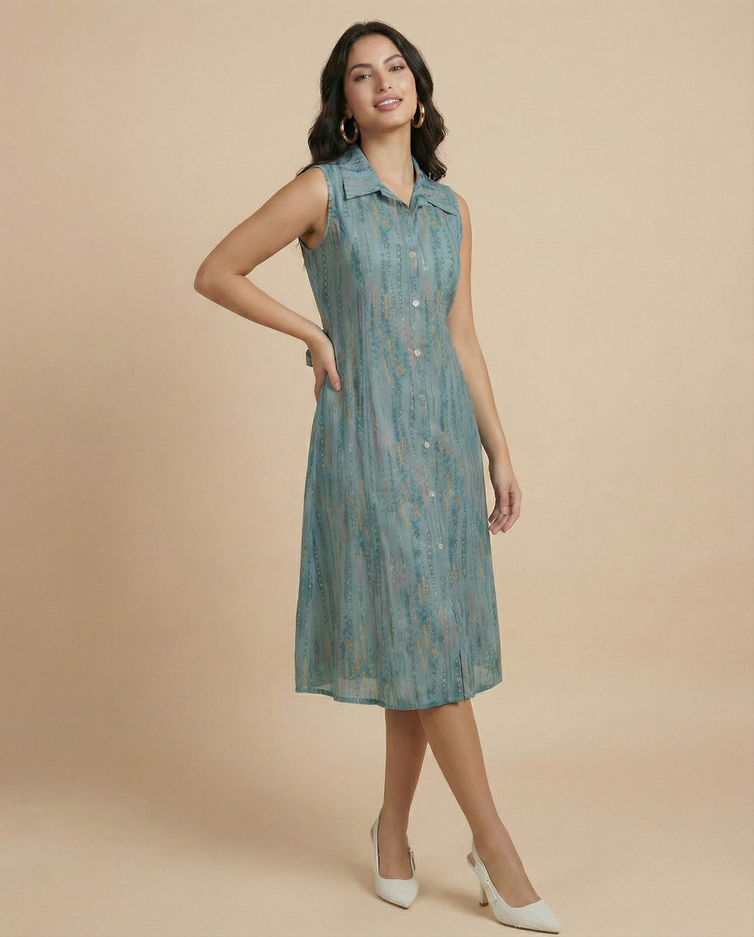 Teal Printed Viscose Blended Midi Dress