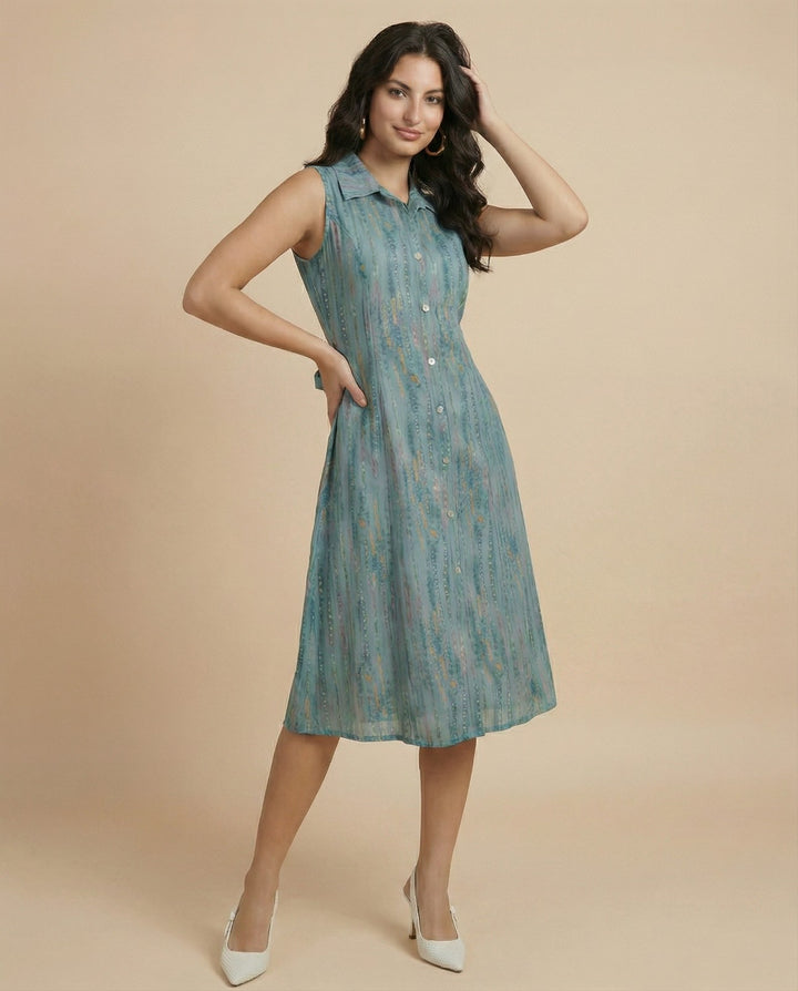 Teal Printed Viscose Blended Midi Dress