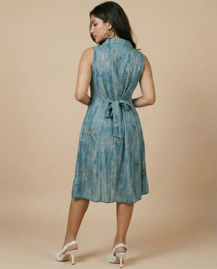 Teal Printed Viscose Blended Midi Dress