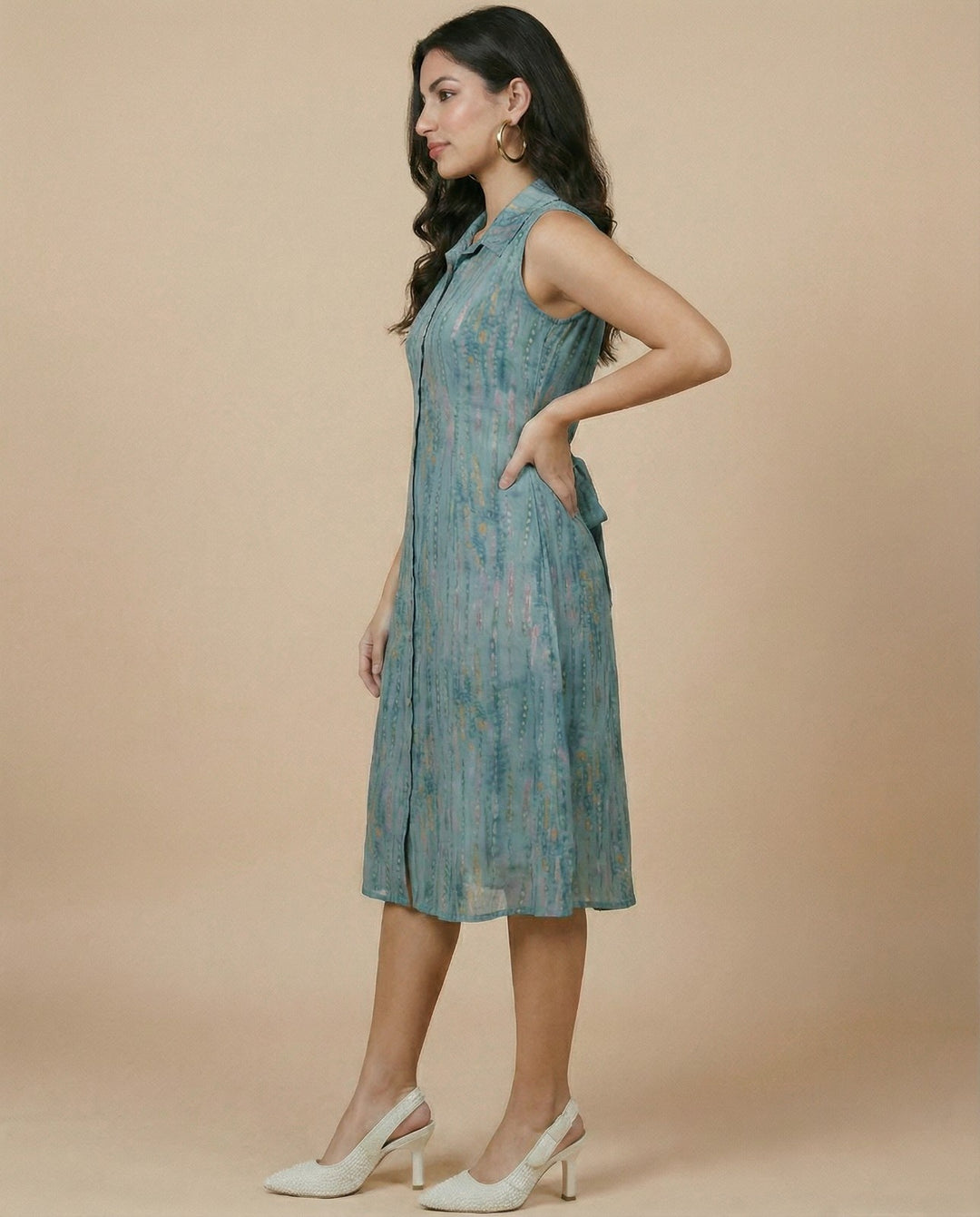 Teal Printed Viscose Blended Midi Dress