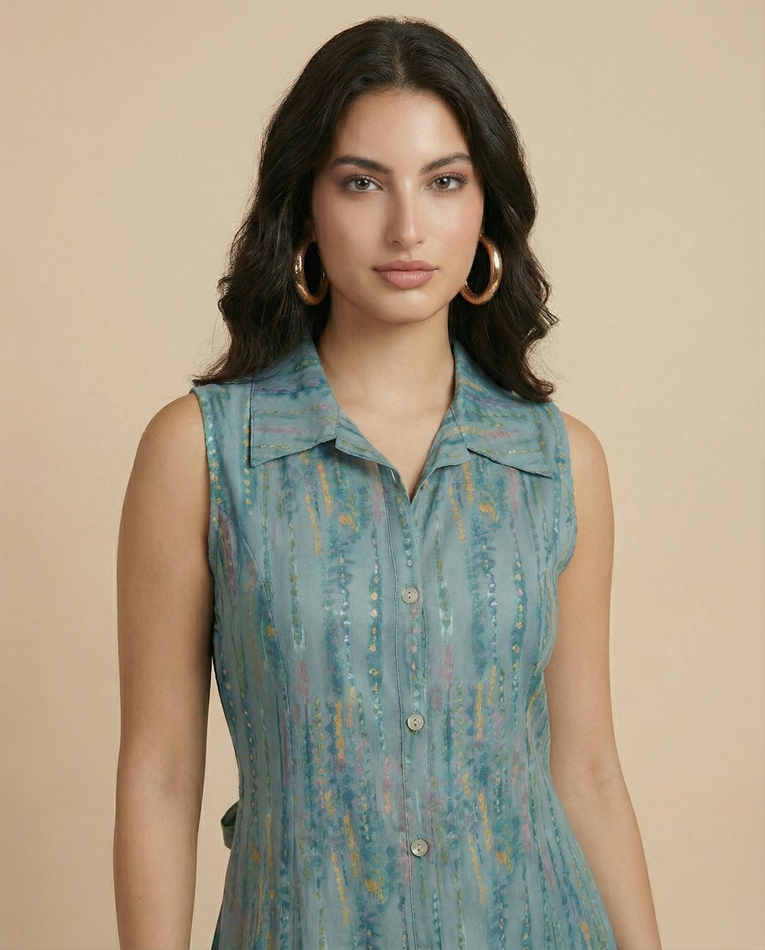 Teal Printed Viscose Blended Midi Dress
