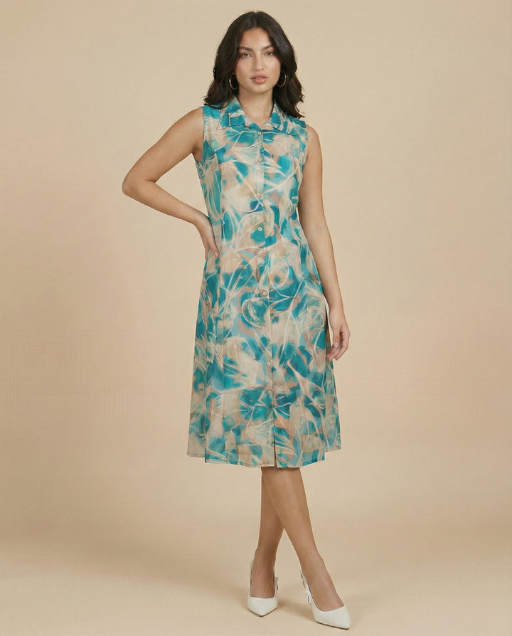 Sky Blue Printed Viscose Blended Midi Dress