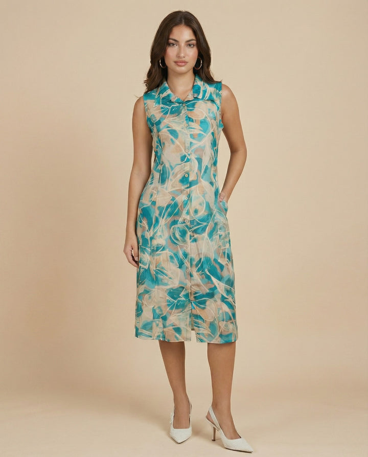 Sky Blue Printed Viscose Blended Midi Dress