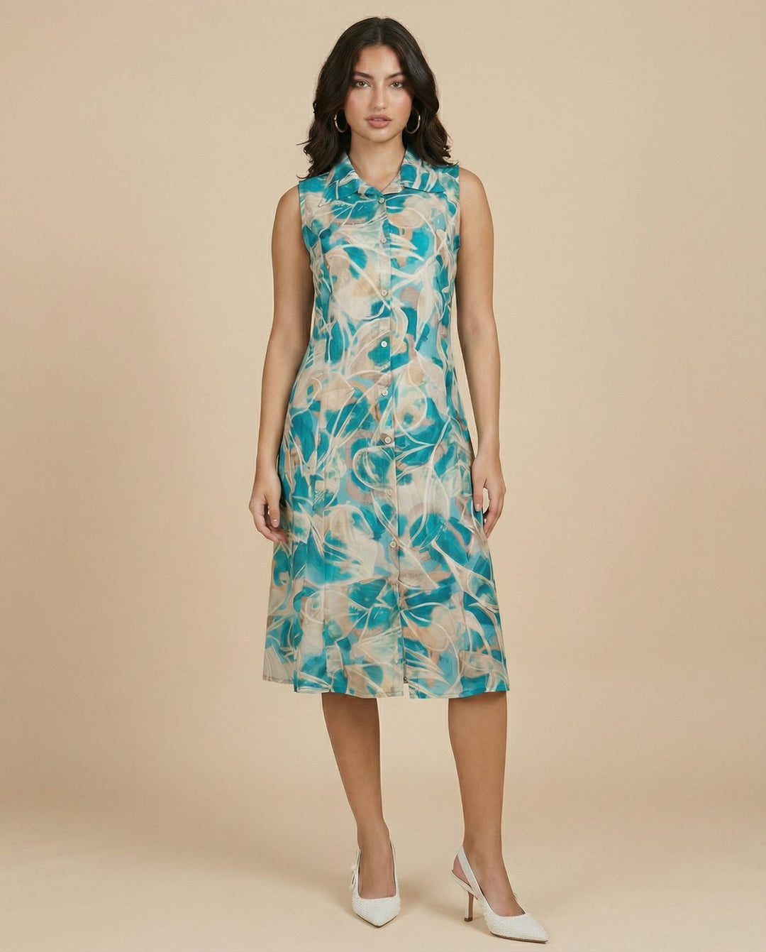 Sky Blue Printed Viscose Blended Midi Dress
