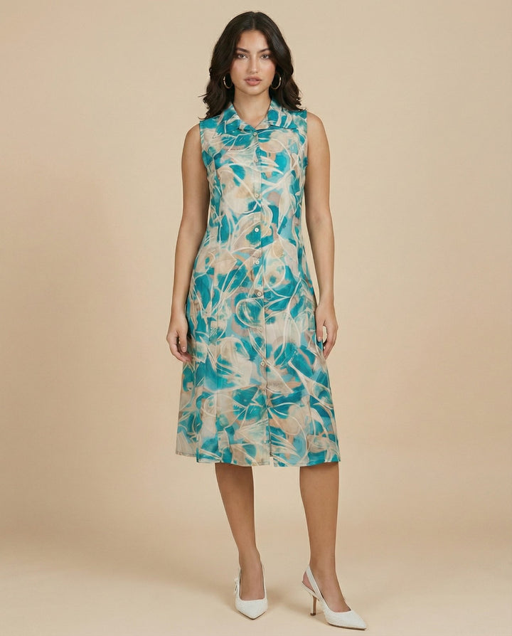 Sky Blue Printed Viscose Blended Midi Dress