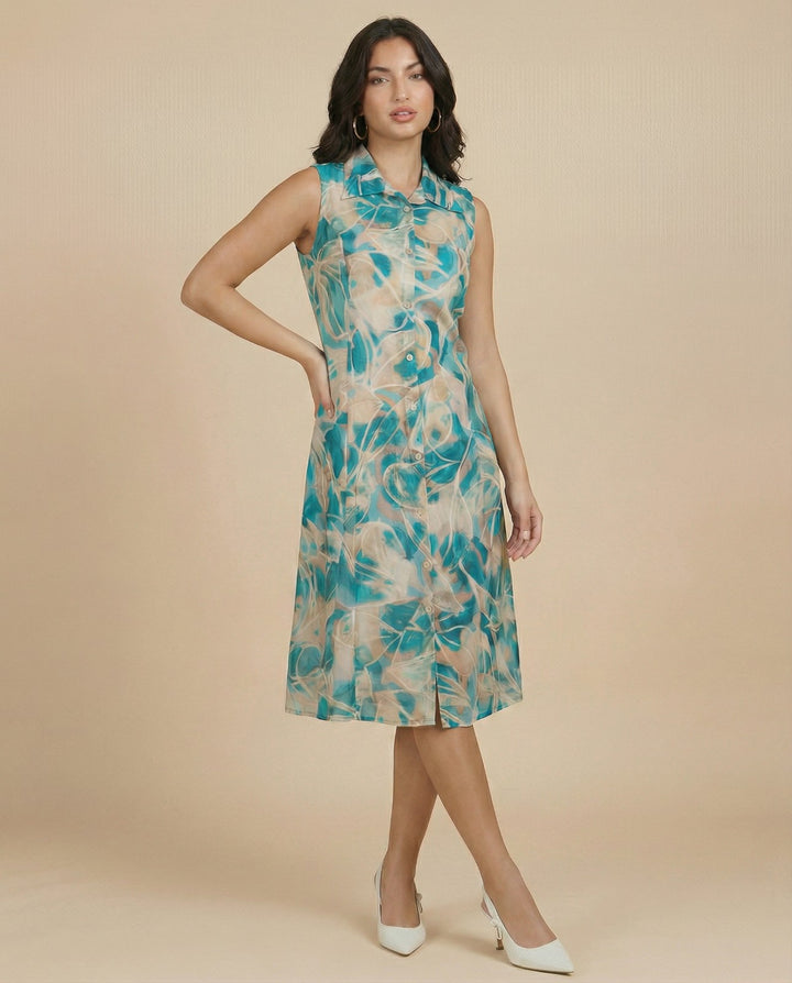 Sky Blue Printed Viscose Blended Midi Dress