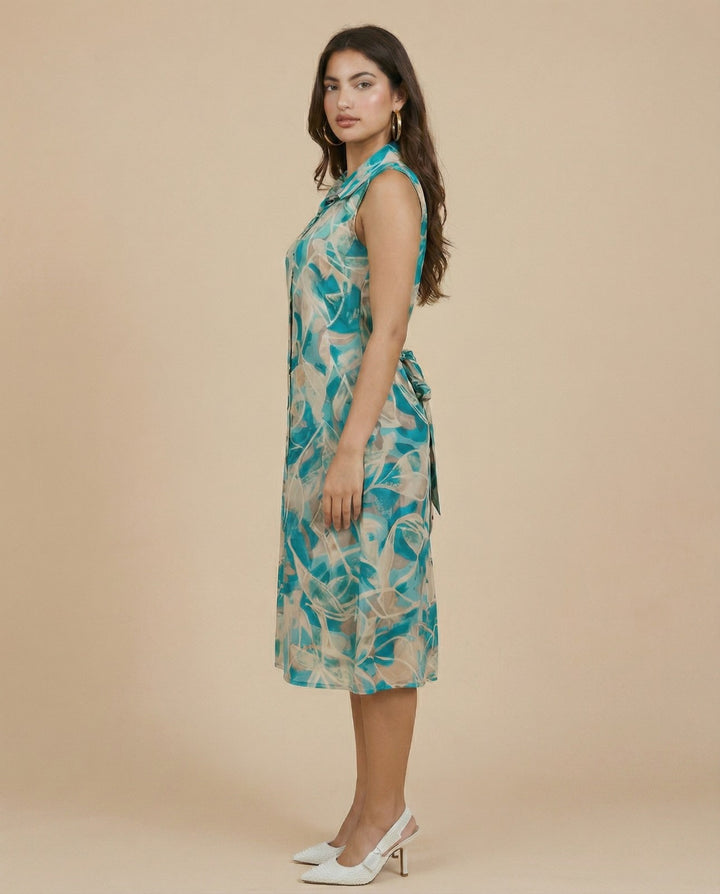 Sky Blue Printed Viscose Blended Midi Dress